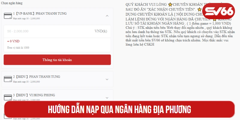 Hướng dẫn nạp qua ngân hàng địa phương